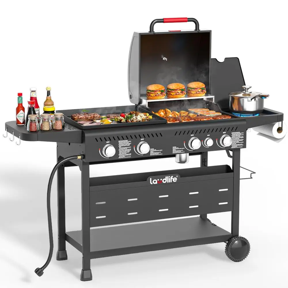 

5Burner Propane Grill Griddle Combo with Side Burner, Dual Zone BBQ Gas Grill, NonStick PorcelainEnameled Surface, Easy to Clea