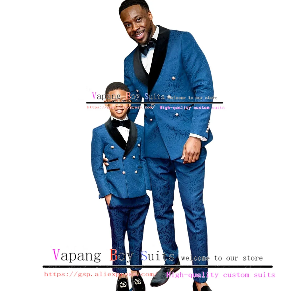 Royal Blue Boys Suit Double Breasted Jacket Pants Bow Tie 3 Piece Set Wedding Tuxedo Floral Blazer for Kids Clothes