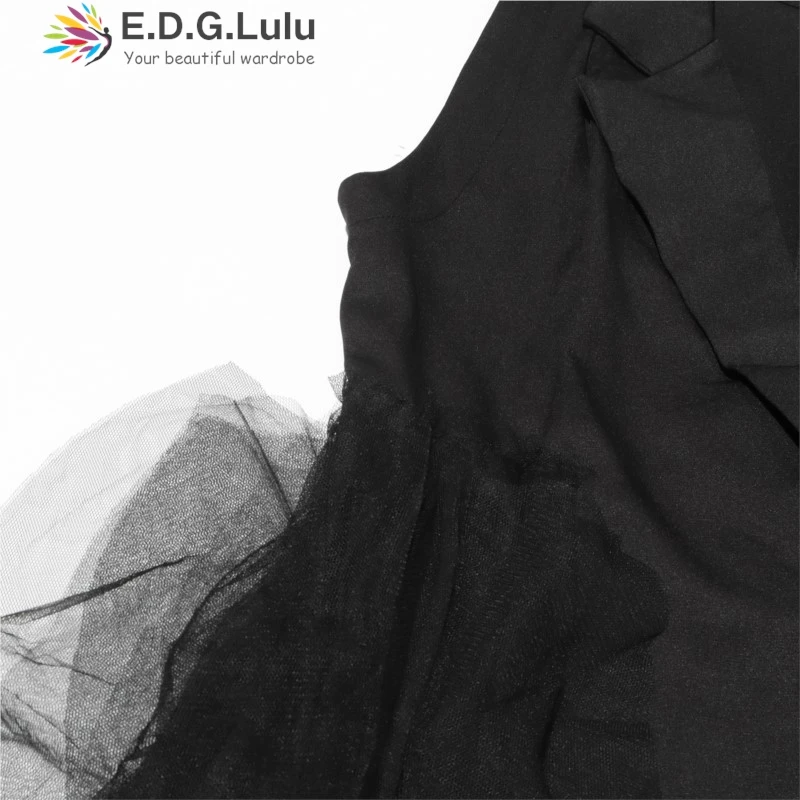 EDGLuLu Turn-Down Collar Sleeveless White Dresses 2025 Woman Design Splicing Mesh Asymmetrical Dress+Belt 1004