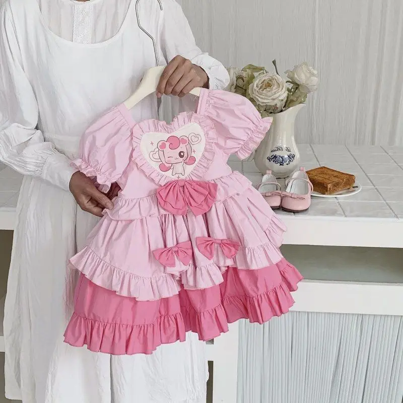 girls-cotton-dress-with-ruffle-bubble-sleeves-and-big-bow-cartoon-style-summer-princess-skirt-children's-clothing-kids-dress