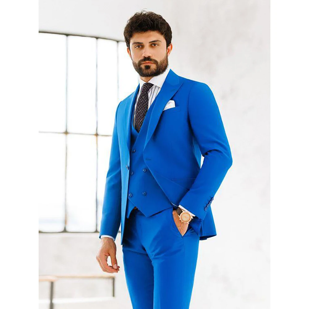 

Luxury Blue Single Breasted Men Suit Three Pieces Fashion Hot Sell Male Set Daily Business Blazer Pants & Vest