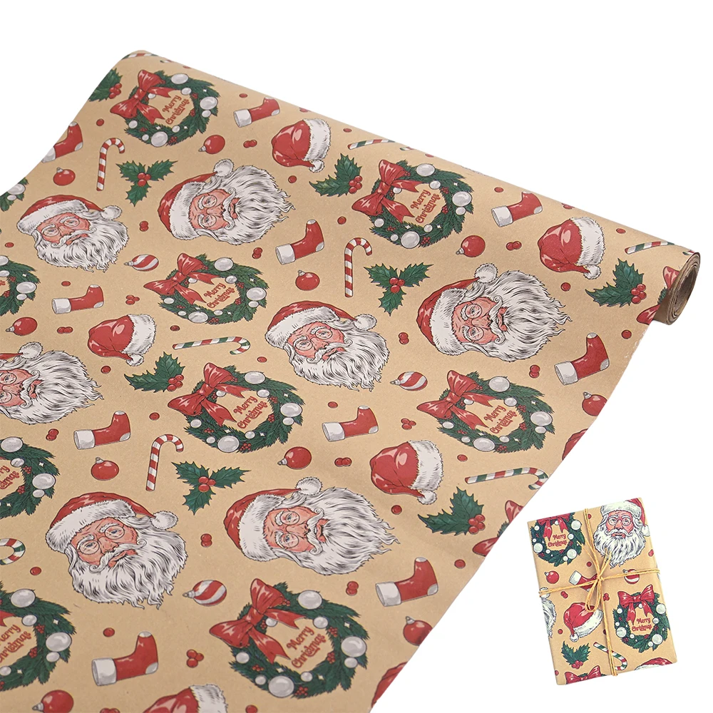 1 Roll Kraft Christmas Wrapping Paper Roll Dull Red Leaves and Jingling Bell Design for Christmas, Holiday, Party Gift Wrap