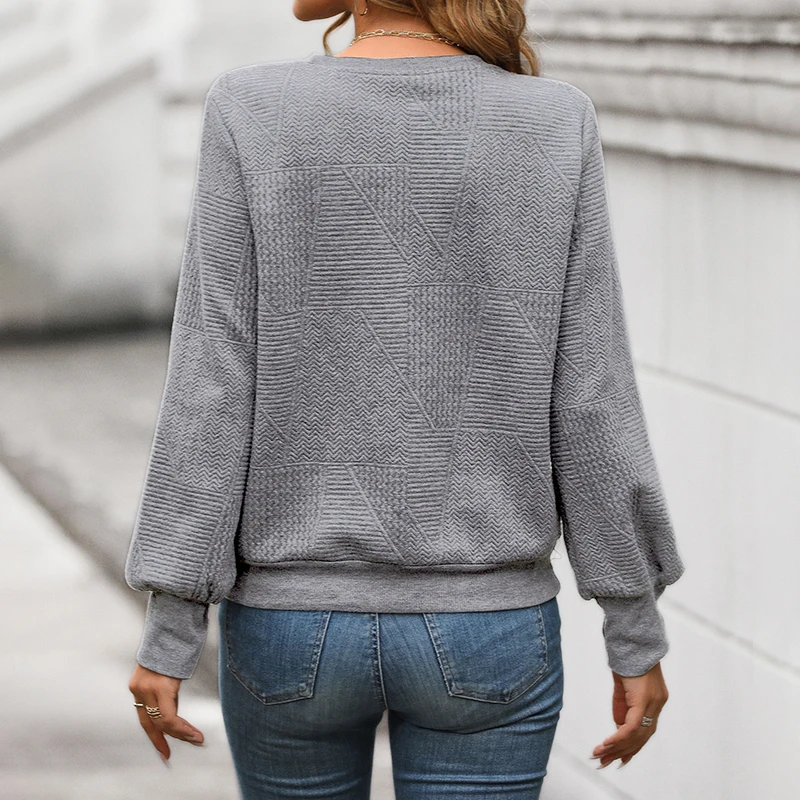 여성용 연회색 텍스처 니트 스웨트셔츠 캐주얼 루즈 라운드 넥 랜턴 슬리브 풀오버 탑