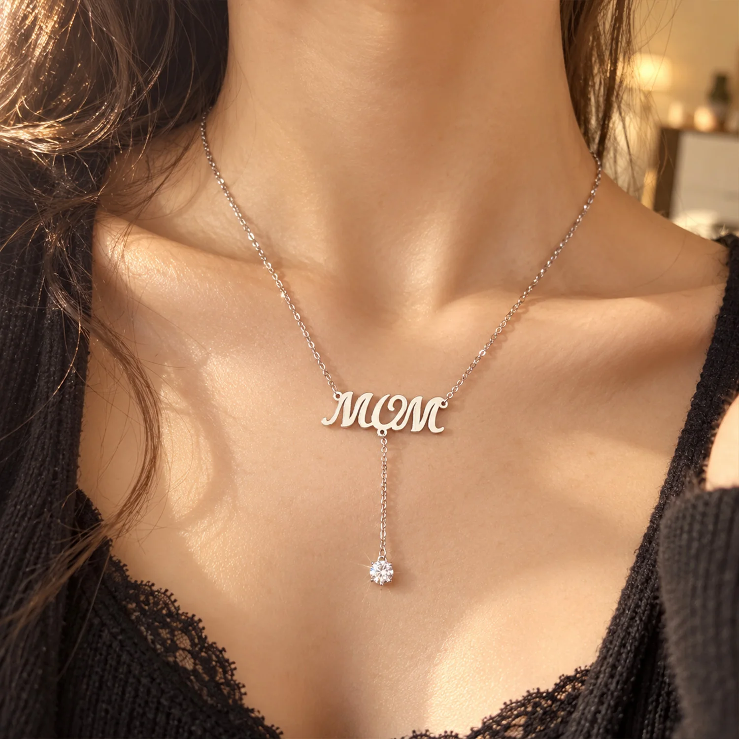 Dascusto Custom Name Necklace 925 Sterling Silver MOM Lariat Y Necklace Cursive Pendant with Zircon Mother’s Day Gift For Women