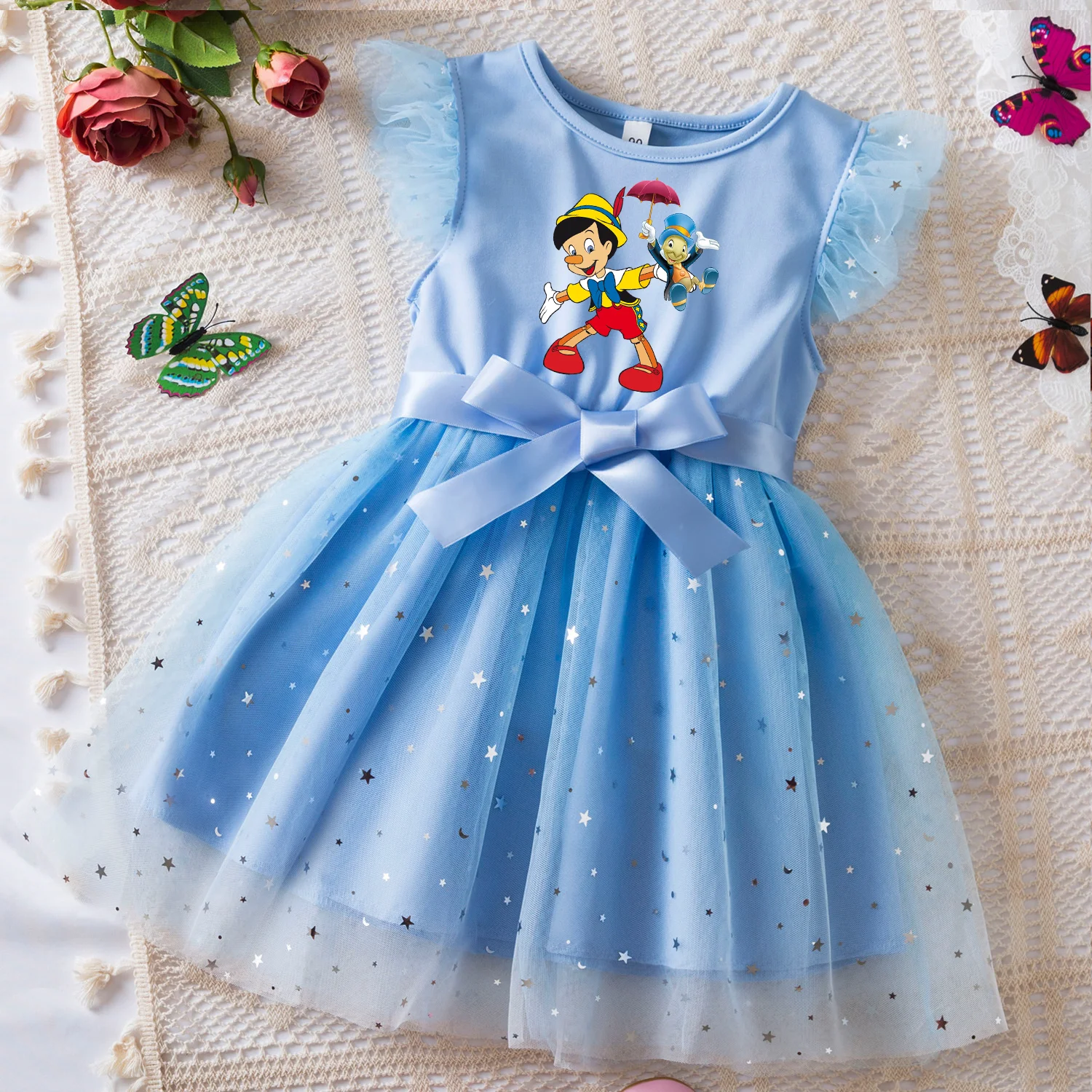 

Pinocchio Sweet Girls Summer Clothes Flying Sleeves Bow Sequin Dress 2-6Y Kid Birthday Tutu Princess Dress for Baby Girl