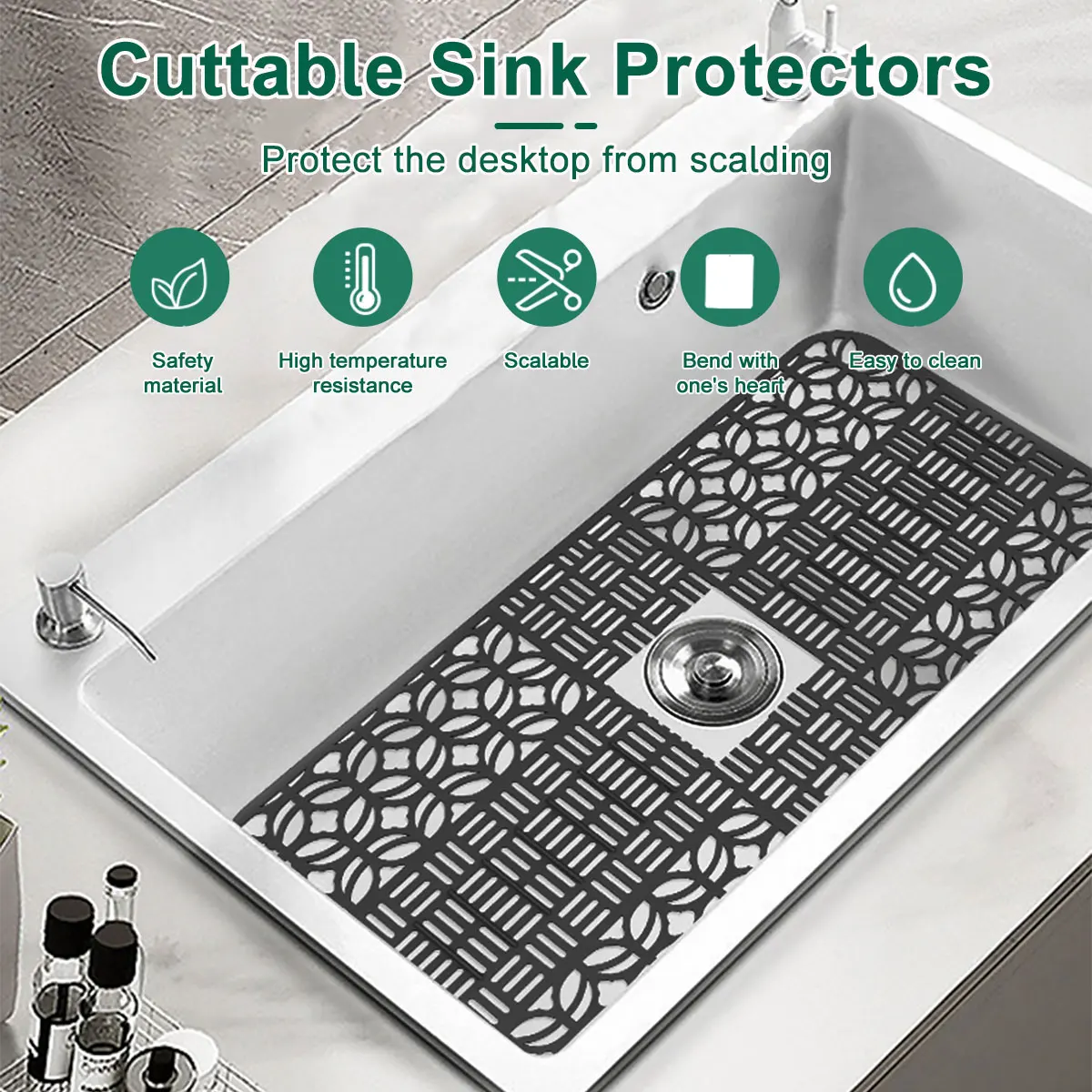 Kitchen Silicone Sink Protectors with Drain Holes Heat-Resistant Sink Mat Protector Non-Slip Cuttable Reusable Sink Liner Mat