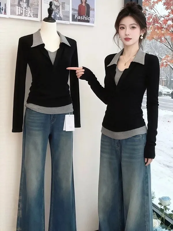

plus Size Women's Long Sleeve Slim Fit T-Shirt Color Block Design Fashionable Inner Wear Top for Winter Season Korean Style