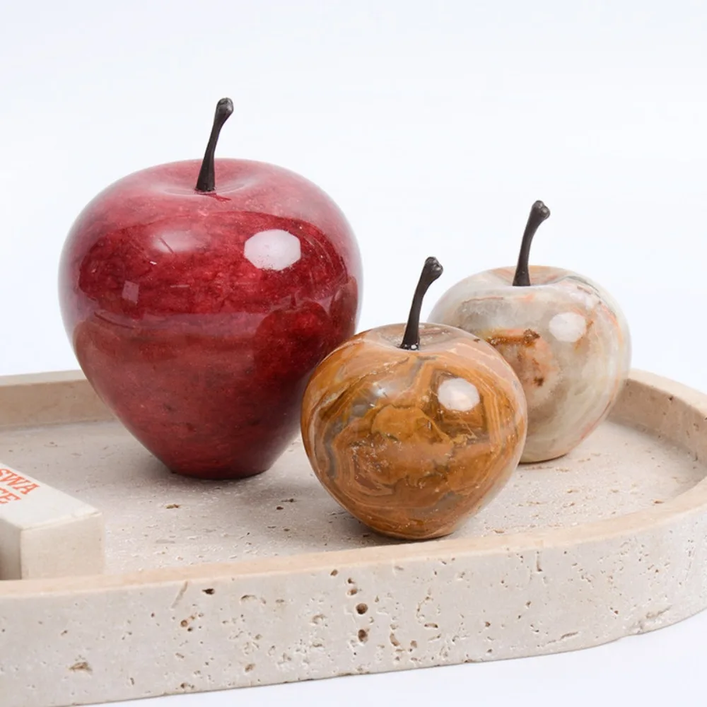 Natural Marble Apple Figurine Stone Fruit Statue Metal Stem Simulation Apple Ornament Home Desktop Living Room Decor Craft Gift