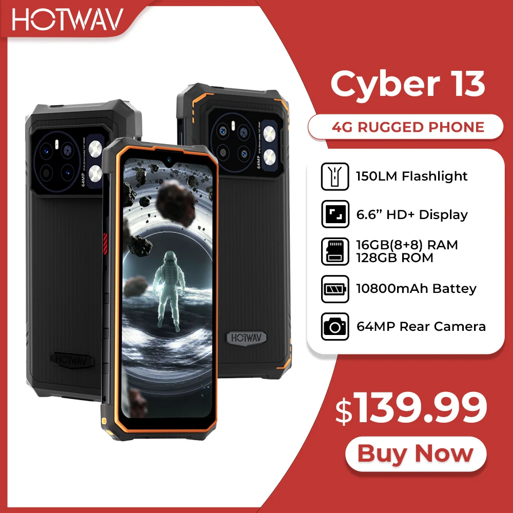 HOTWAV Cyber 13 Rugged Phone 10800mAh Massive Battery 8GB 128GB Smartphone 150LM Flashlight 6.6'' HD+ 64MP Android 14 Cellphone