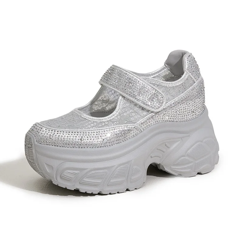 

Кожаные ботильоны из микрофибры с воздушной сеткой 9 см, блестящие брендовые удобные ботильоны, модные летние женские кроссовки на массивном каблуке с крючками