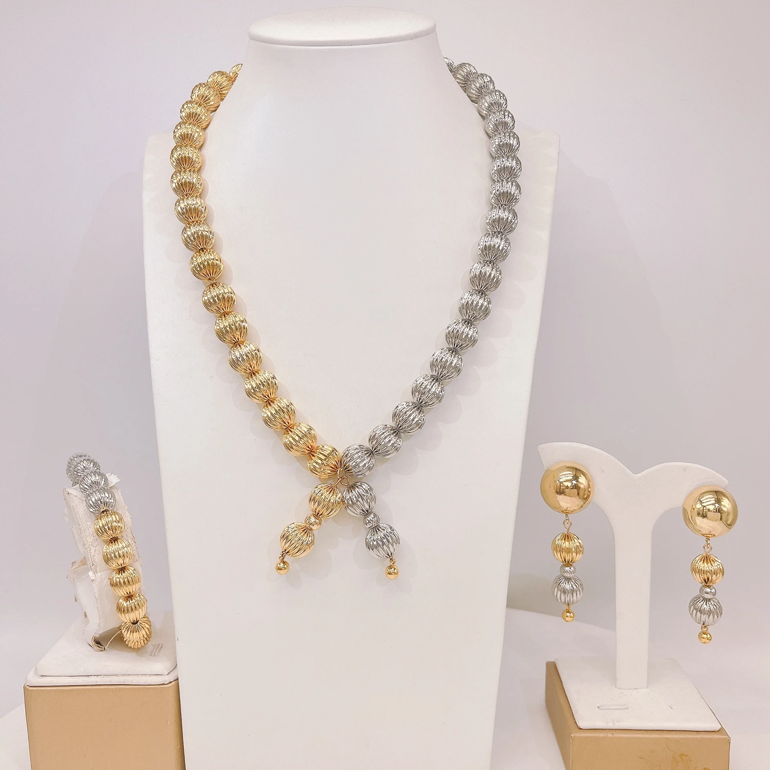 

African Gold Silver Beads Jewelry Set Classic Design Necklace Earrings Ring Wedding Party Gift