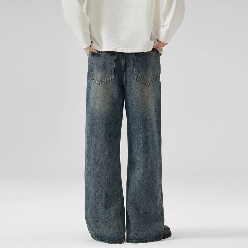 الخريف Harajuku الرجال الجينز مستقيم موضة شخصية غسل خمر بنطلون الشارع الشهير ضئيلة الذكور واسعة الساق الدنيم السراويل