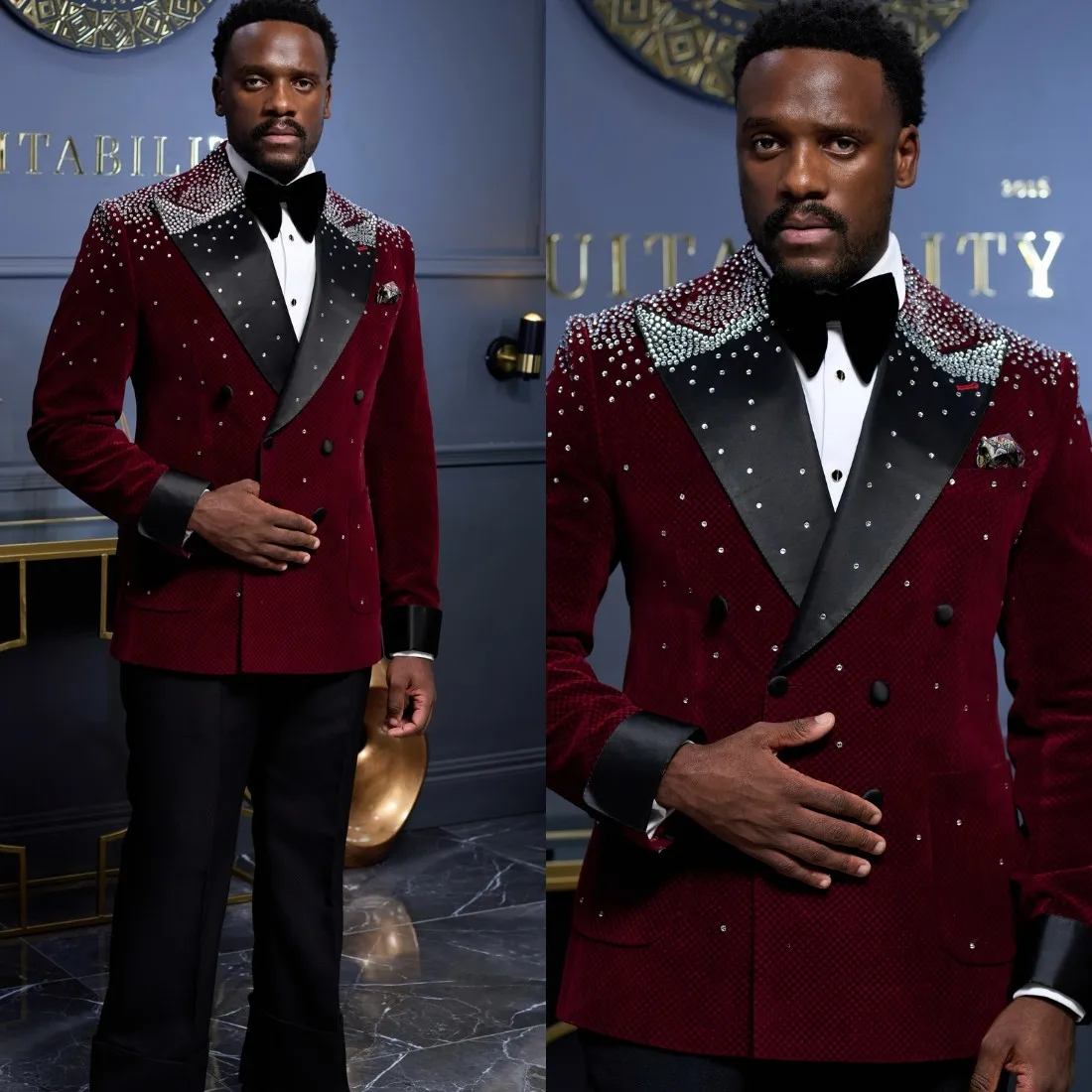 

Leisure Men's Suit 2 Pieces Blazer Pants Bow Collar Peaked Lapel Beads Appliques Wedding Work Business Formal Costume Size Color