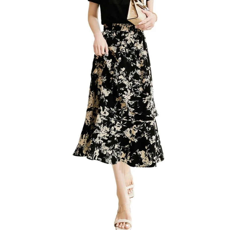 

Summer Chiffon Women Half Length Skirts Sweet Lotus Leaf Edge Elastic Waist A-Line Flowy Elegant Temperament Printed Vestidos