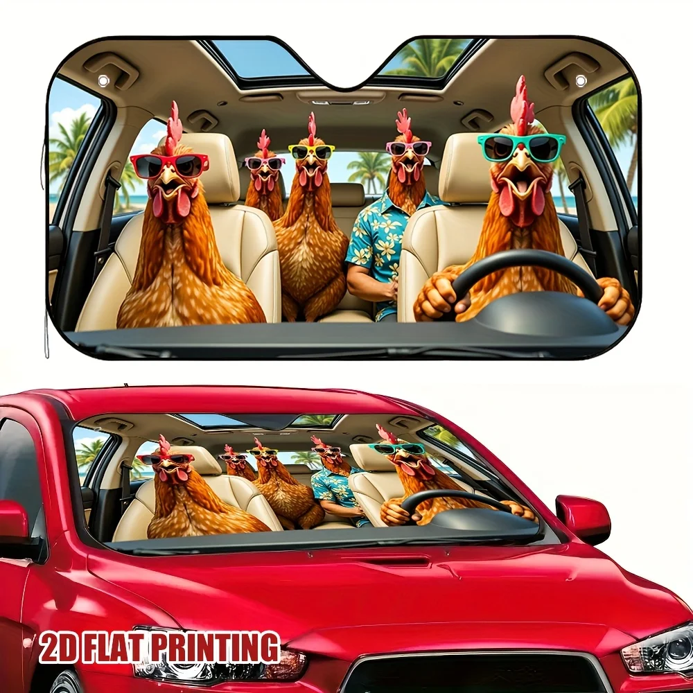 

2D Flat, 1 шт. Солнцезащитный козырек для праздничного автомобиля — 2D плоская печать, милый дизайн петуха с очками и гавайскими рубашками, подходит для большинства