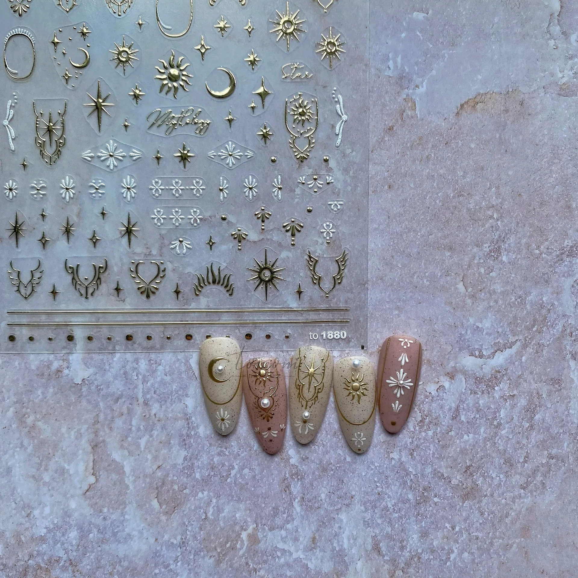 

Gold Sun Moon Star Totem New Bronzing High Quality Adhesive Nail Stickers Nail Art Decorations Nail Decals Design T-1880