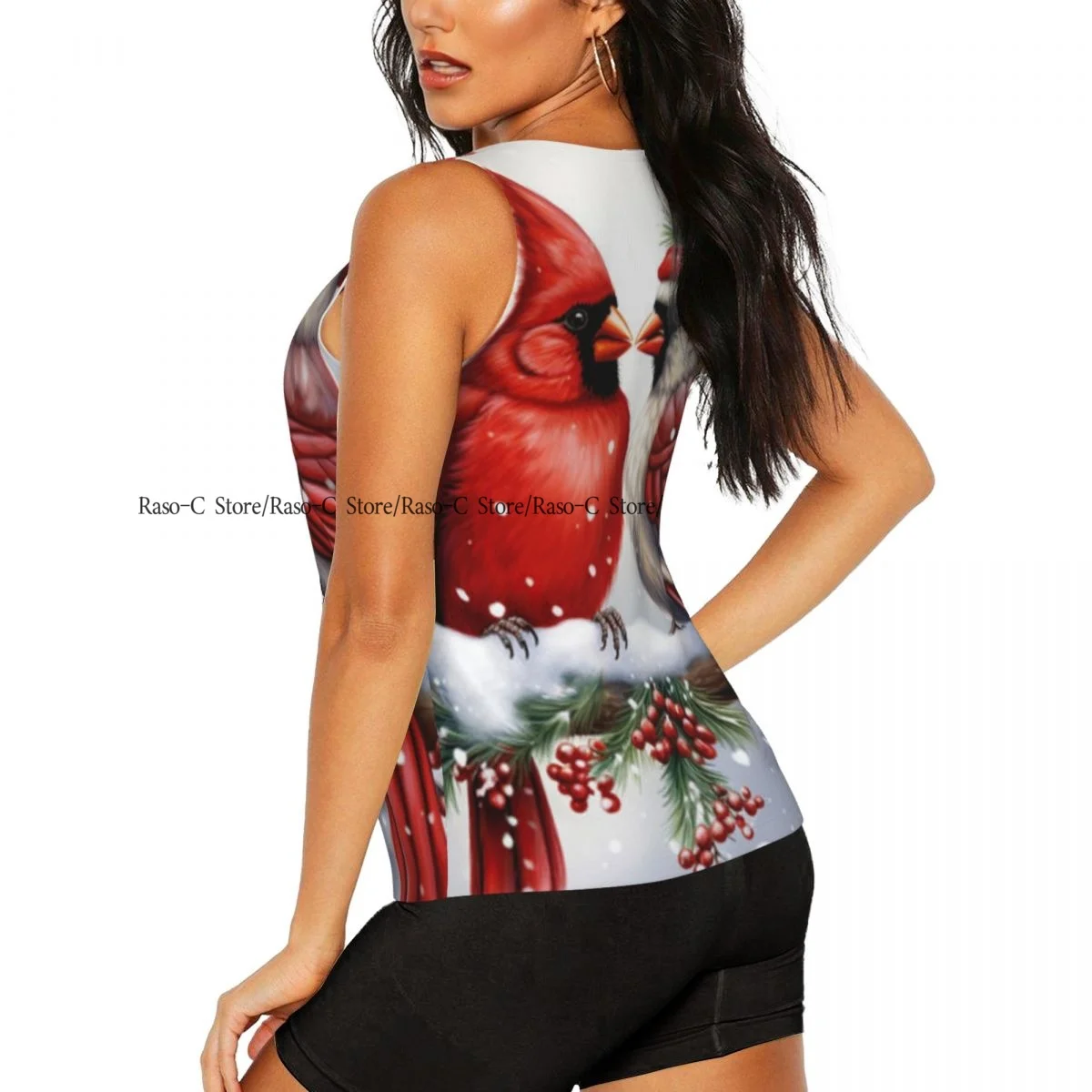 المرأة سترة مثيرة طيور الكاردينال يجلسون على فرع في الشتاء الغابات بلا أكمام الجولة الرقبة تانك القمم أنثى عادية الأساسية بروتيل