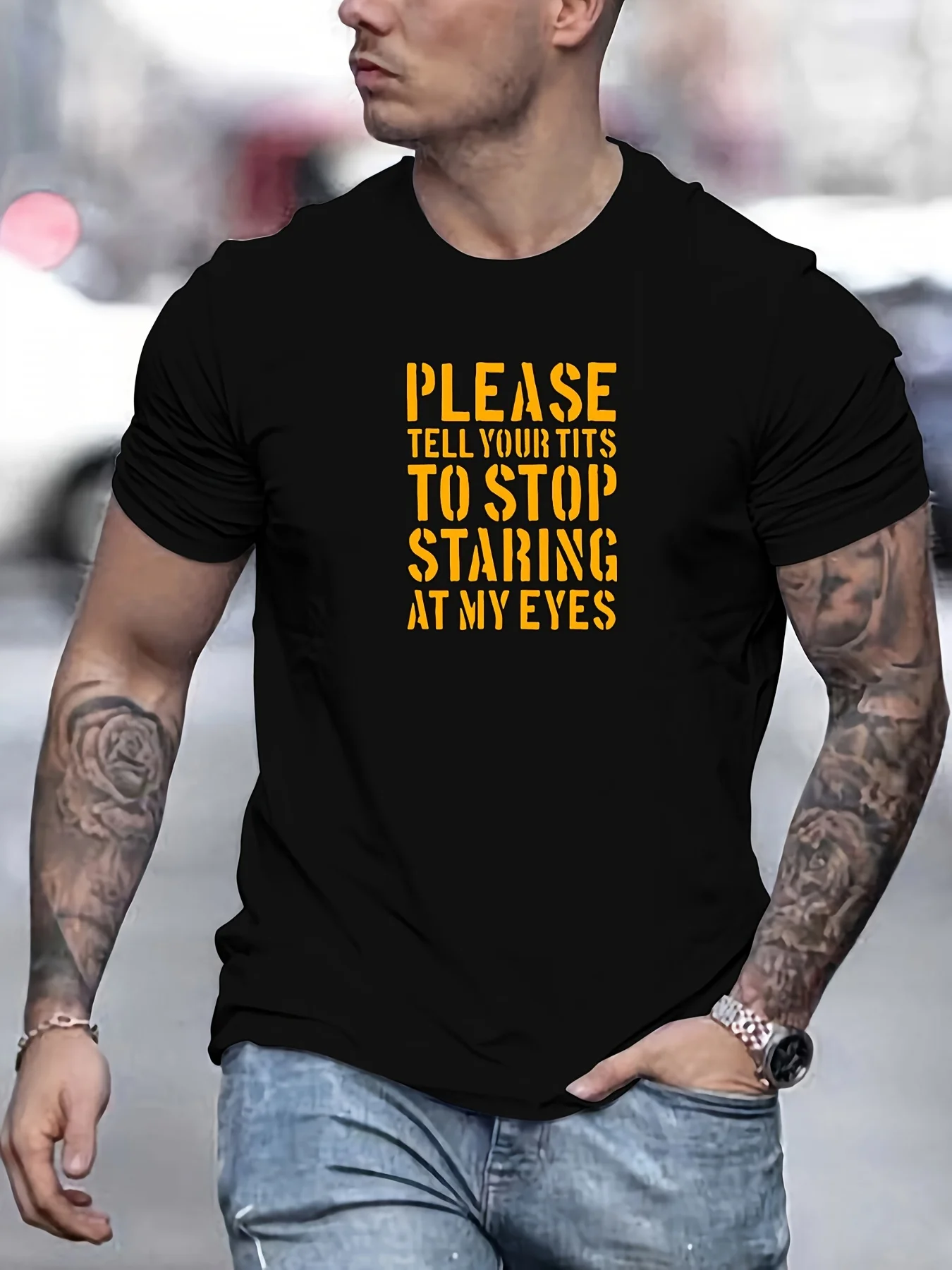

Humorous 'Please Tell Your Tits to Stop Staring' Men's Graphic T-Shirt - Soft Cotton, Casual Crew Neck, Short Sleeve