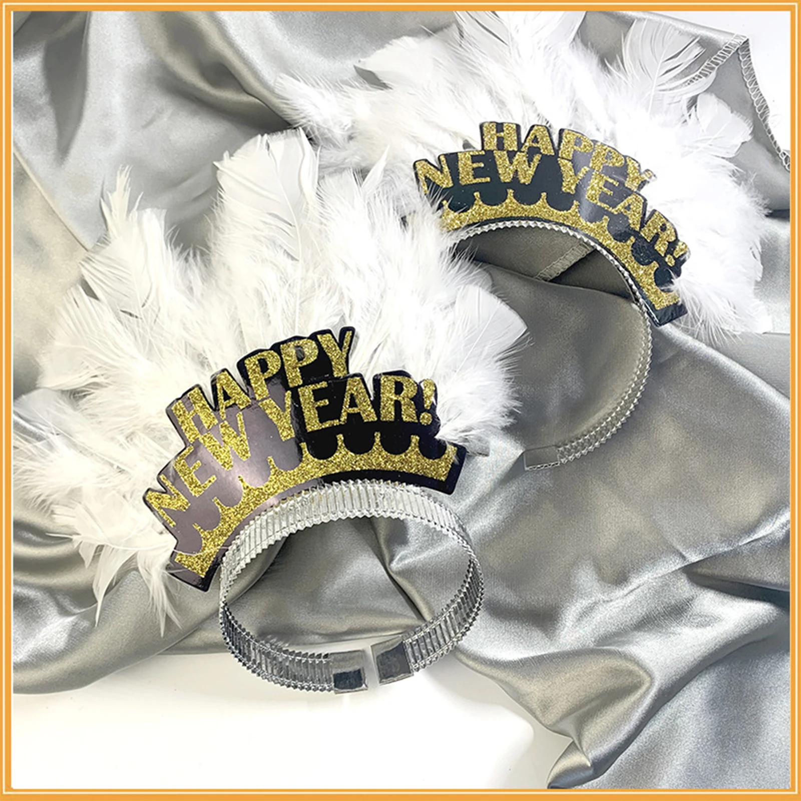 Happy New Year Headband Glitter Gold Crown White Feather Hairbands Photo Prop New Year Eve Christmas Party Hair Hoop Accessories