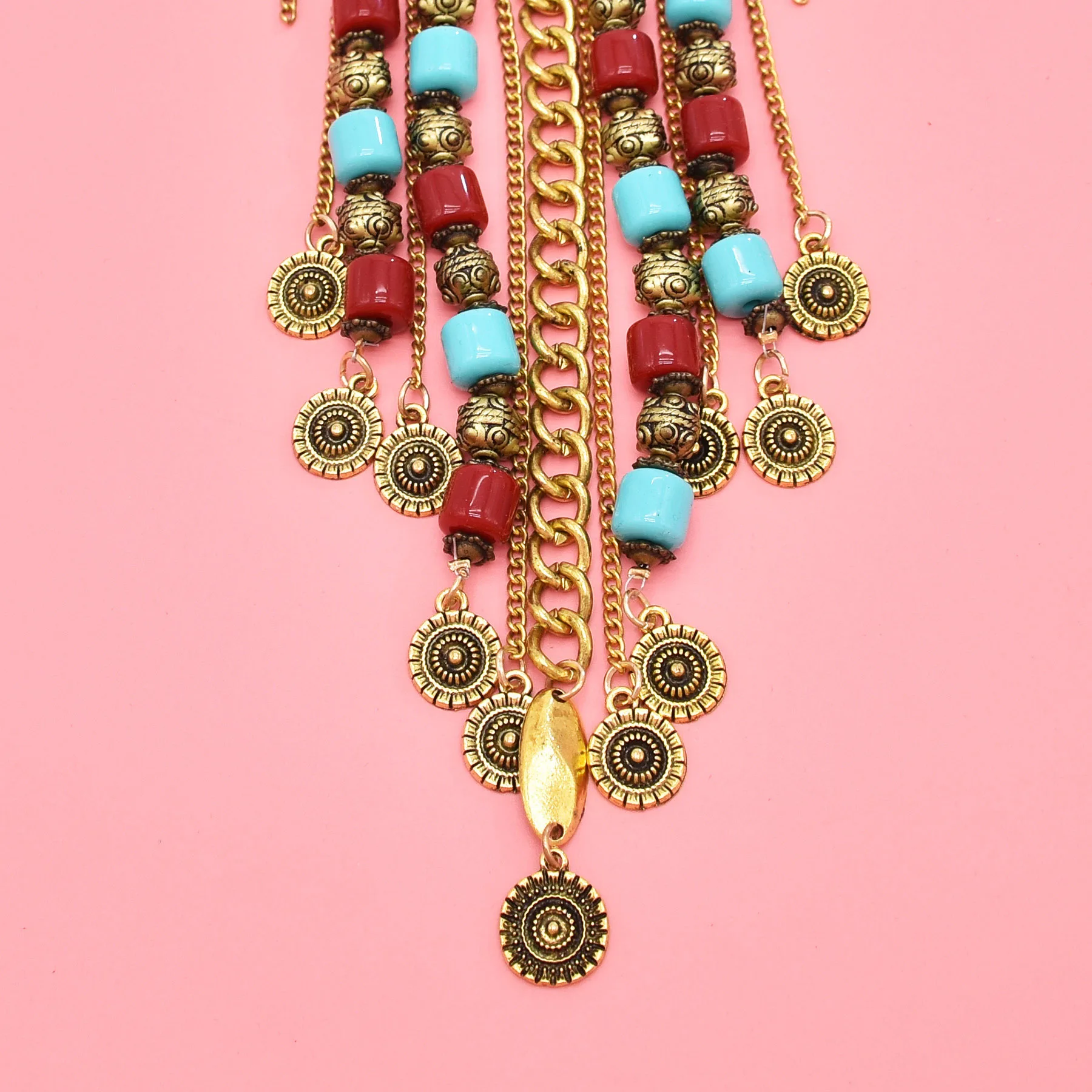 Vintage goldene silbrige Statement-Halskette für Frauen, bunte Strasssteine, lange Ketten, Halsketten, Gypsy, Boho, ethnischer Halsschmuck – Detail 8