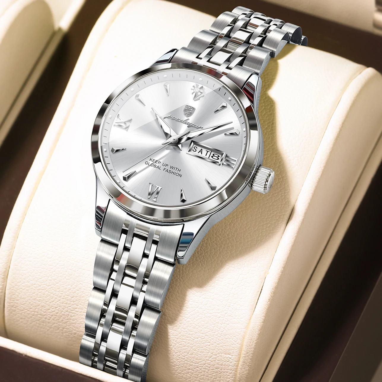 POEDAGAR Casual Woman Clock Date Week Waterproof Luminous Ladies Wristwatch Stainless Steel Fashion Women's Watches Reloj