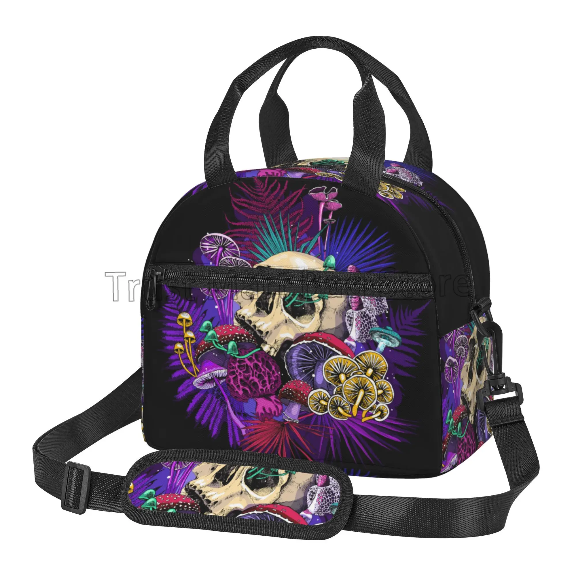 Mushroom Skull Insulated Lunch Bag for Women Men Work Resuable Portable Thermal Bento Tote Bags with Adjustable Shoulder Strap