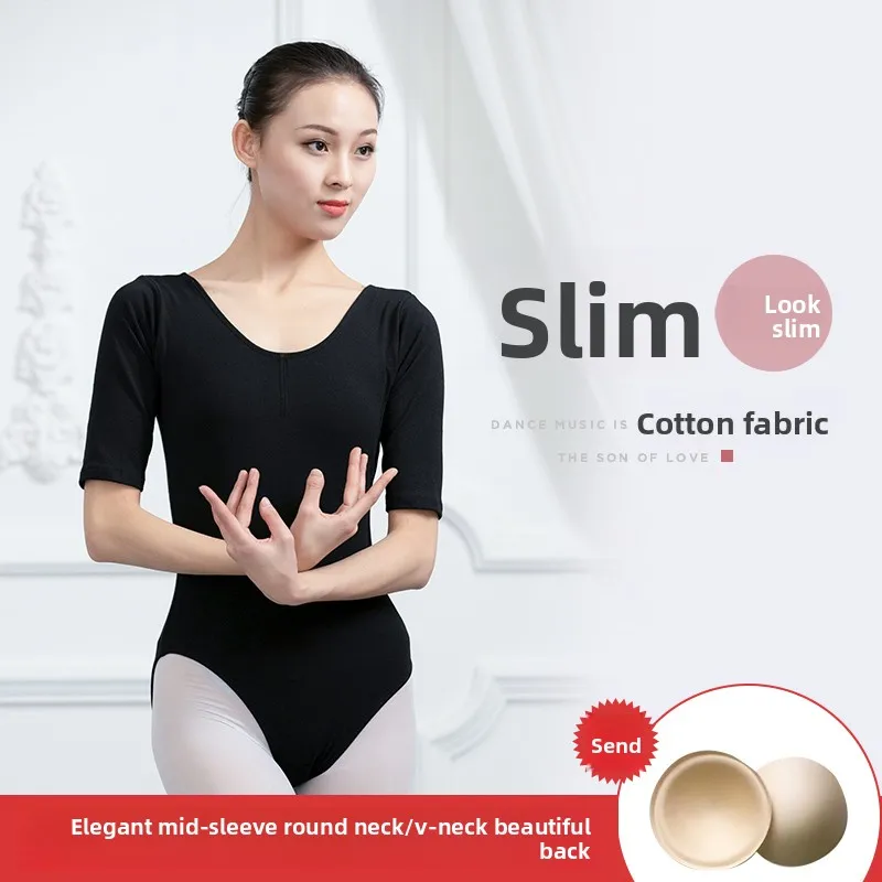 Women's Graceful Mid Sleeve Dance Attire Training Form Fitting Leotard Top for Ballet Practice