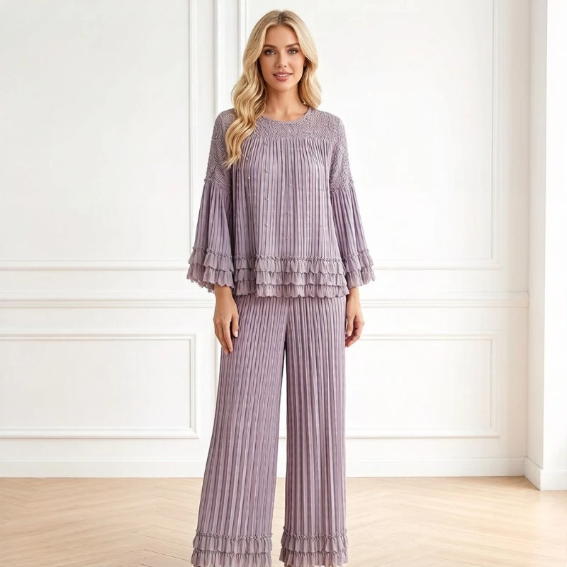 

Miyake Pleated New Spring Summer 2026 Outfit High-end Fashion Petal Beaded Pleated Casual Pants Comfortable Two-piece Set Pleat