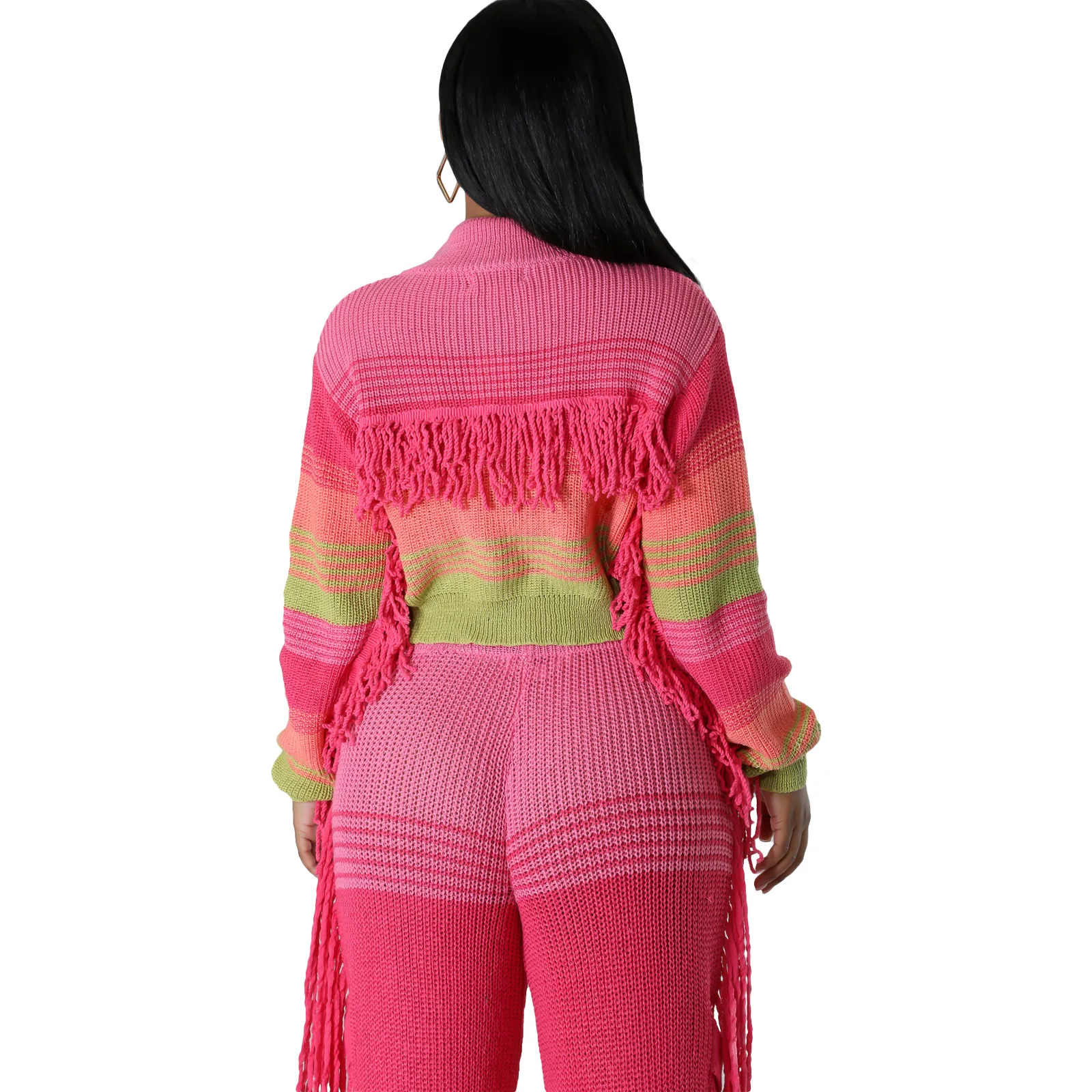 2024 Autumn Knitted Crochet Patchwork Tassel 2 Piece Set Women Stand Collar Zipper Short Top Drawstring Pants Casual Streetwear