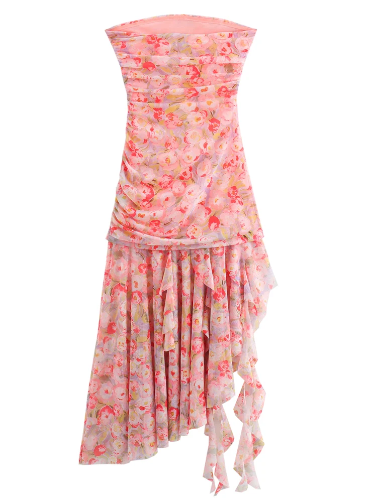 KAOPU ZA Women with ruffles draped printed tulle fitted midi dress vintage straight neck off-the-shoulder female dresses mujer