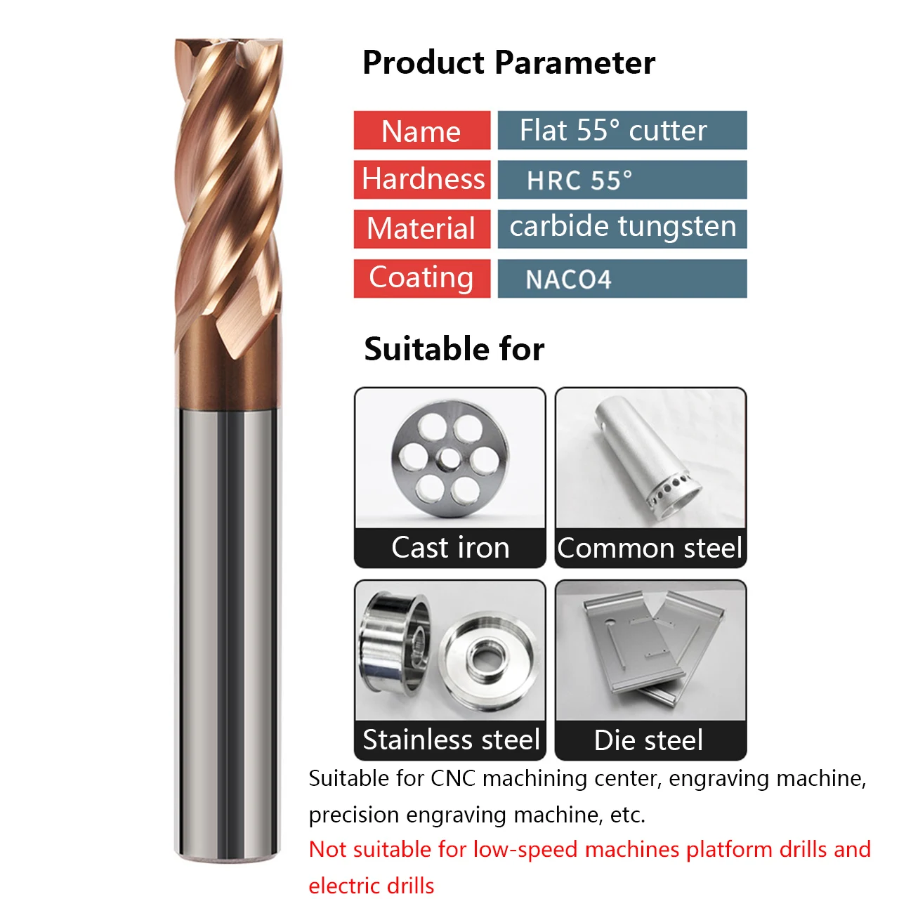 Mata profil persegi pemotong penggilingan baja Tungsten karbida HRC55 4 Flute End Mill dengan alat pemotong CNC yang dilapisi untuk logam