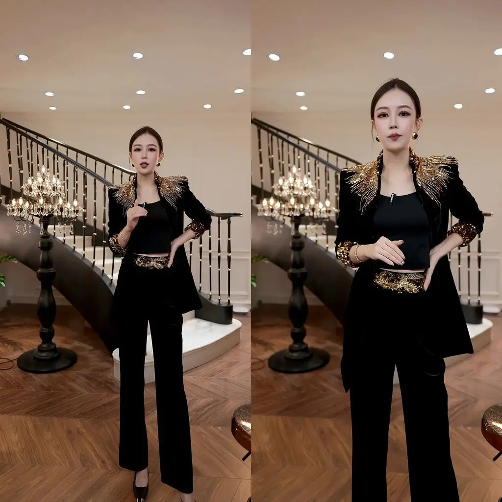 

Ele Slim Fit Bla Gold Sequin Design Suit Set Two Piece Set for Women Faionable Luxury Sle Par Wear Autumn Spring