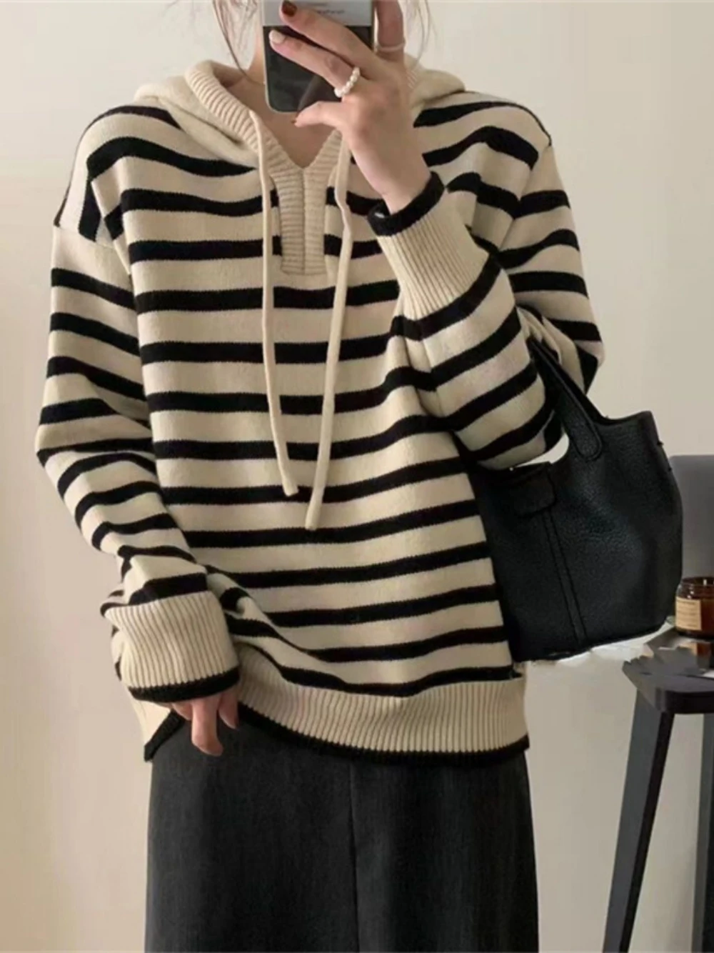 

Vintage Women's Sweater 2024 Fall Hooded Long Sleeve Color Contrast Stripes Loose Comfortable Fashion Ladies Top