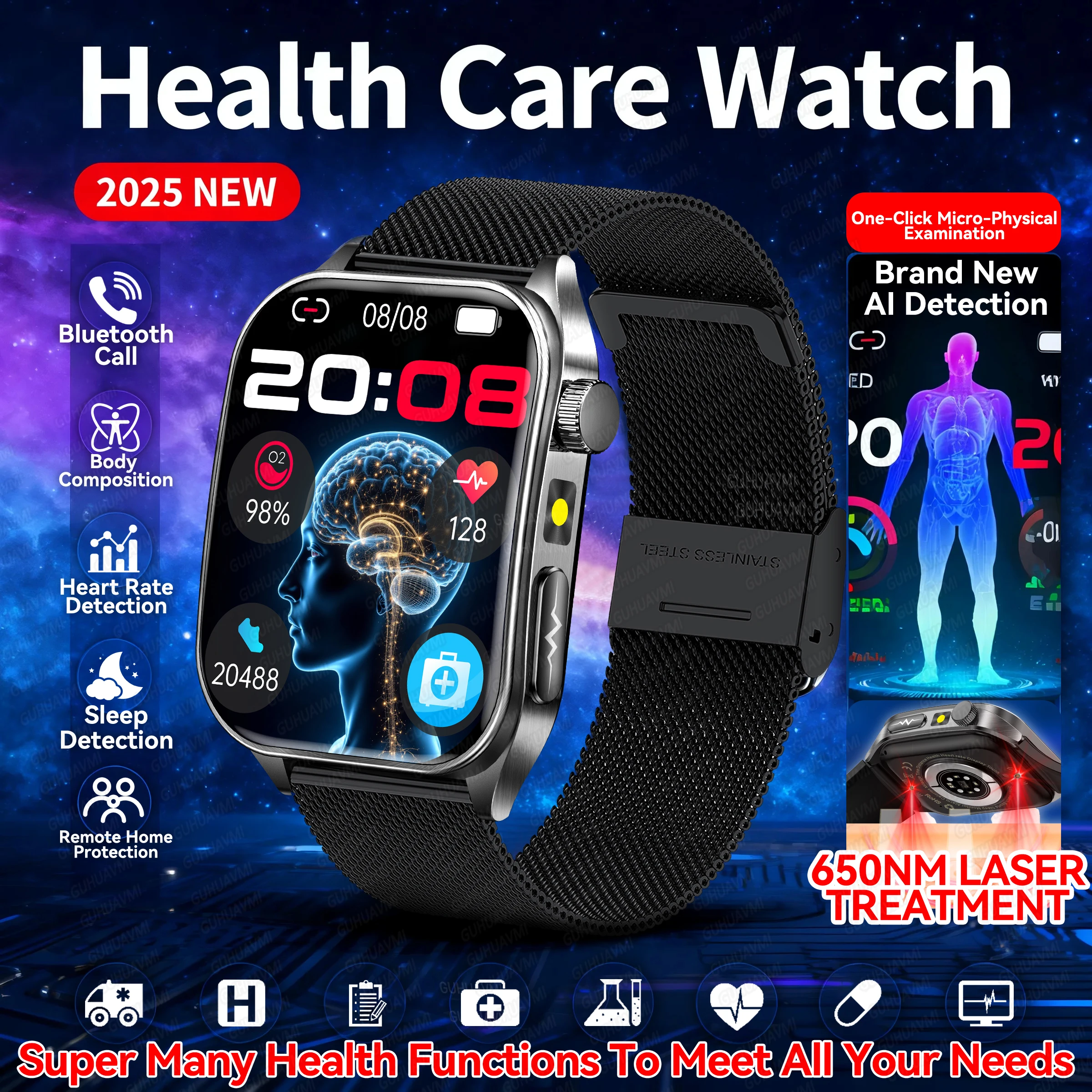 

2025 New AI Non-Invasive Laser Treatment Three High SmartWatch Sapphire screen Blood fat Uric Acid ECG Health Diagnosis Bracelet