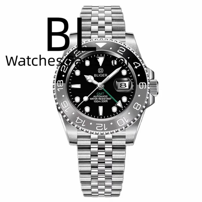 BLIGER Logotipo personalizado 40MM zafiro GMT Reloj mecánico para hombre bisel de cerámica 10Bar luminoso nuevo extremo enlace Glide Lock pulsera Reloj