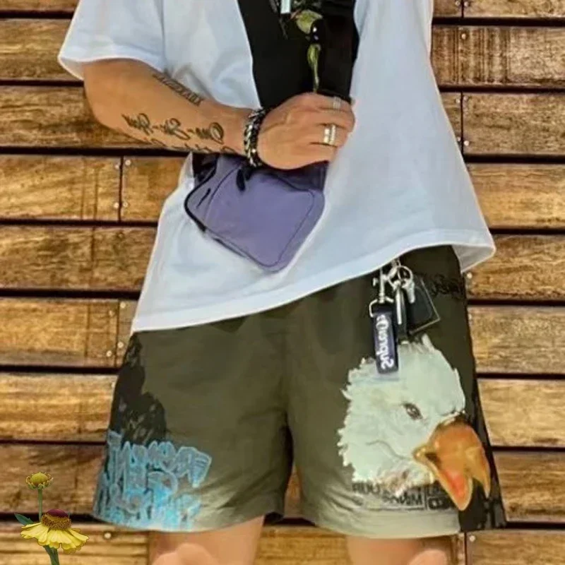 Pantalones cortos informales con estampado de cabeza de águila para hombre, chándal con logotipo bordado, Hip Hop, Verano