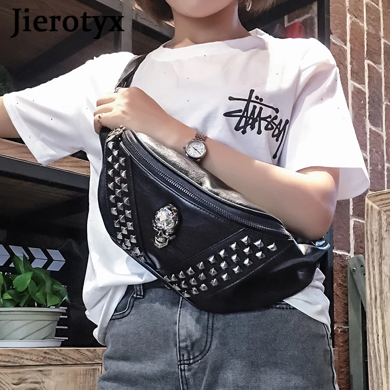 JIEROTYX Chest Bag for Women Crossbody Punk Style Rivet Skull Waist Bag Women Black Fanny Pack Leather Great Quality