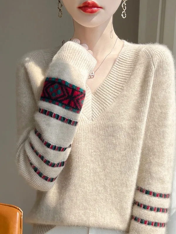 

High-End European Sle Long Sve V-Ne Knitted Camere Sweater Loose Fit Casual Wear Comfortable Soft Blend Women's Top