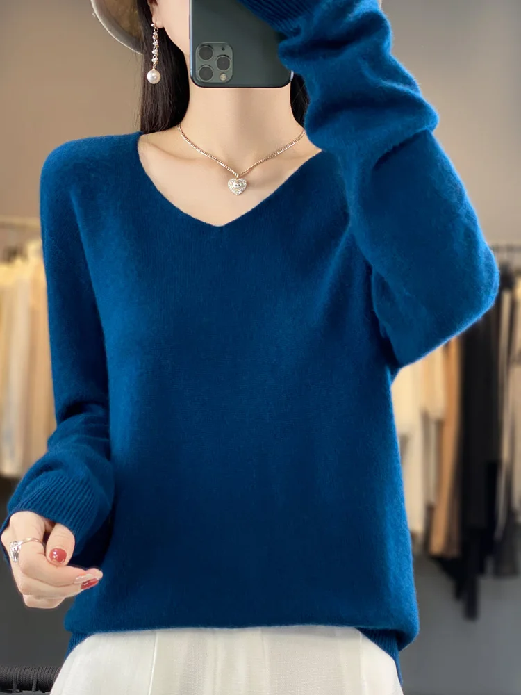 2024 New Womens V-neck Pullover Sweater 100% Merino Wool Long Sleeve Cashmere Knitwear Basic Autumn Winter Female Clothing Tops