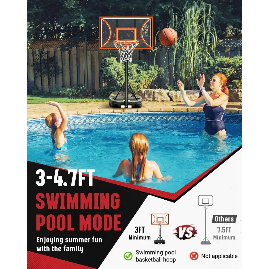Баскетбольное кольцо с 32-дюймовым щитом, 39 футов, регулируемая высота, открытый бассейн, баскетбольные ворота, портативная баскетбольная площадка для дома