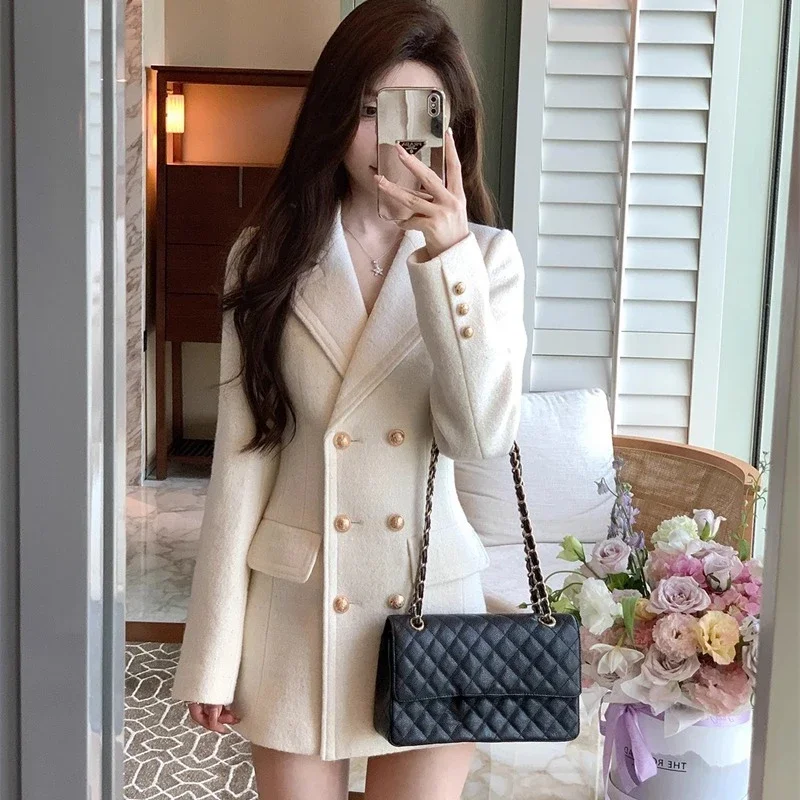 Elegant Women's Double-breasted Suit Jacket 2024 Autumn and Winter Waist Slim-fit Woolen Coat Mid-length Office Lady Suit Top