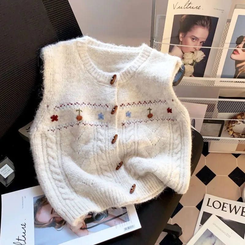 Retro Jacquard Knitted Vest Women Autumn Winter Overlap Sweet Waistcoat Tops 2025 Fashion Sleeveless Sweater Cardigan