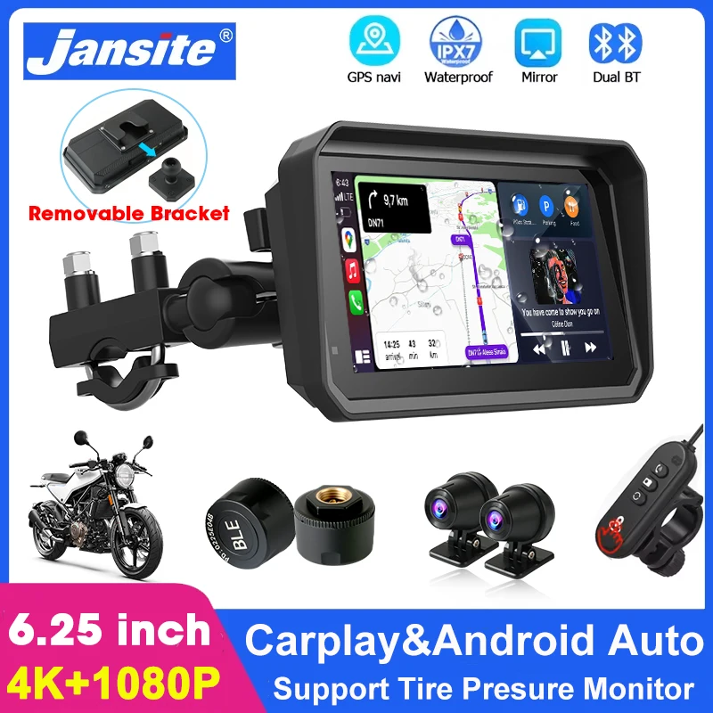 

6,25-дюймовый мотоциклетный GPS-навигатор, беспроводной Carplay, Android Auto, 4K DVR, IPX7, водонепроницаемый мотомонитор, двойной объектив, поддержка TPMS