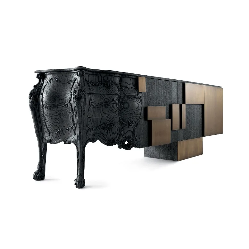 Solid wood dining side cabinet living room retro carved TV cabinet stainless steel