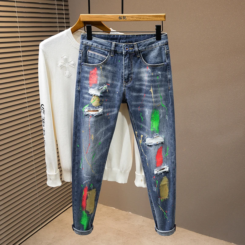 

2024 New light luxury Blue MEN'S jeans fashion hole patches tide elastic slim embroidery spray paint straight casual denim pants