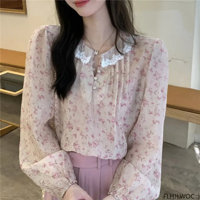 White Lace Cute Sweet Tops Blouse New 2023 Fashion Women Long Sleeve Casual Japan Style Floral Print Retro Vintage Button Shirts