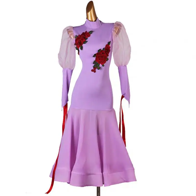 

New CheapBallroom Dance Dresses Long Sleeve foxtrot embroidery black white Women Stage Waltz Ballroom Dress rose red MQ218