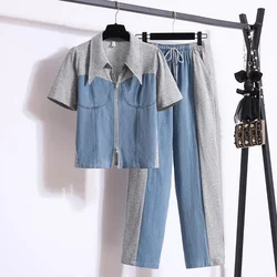 Oversized 4XL Two-piece Patchwork Denim Set For women's 2024 Summer New Polo collar Zipper Top+Wide leg pants Female Casual Sets