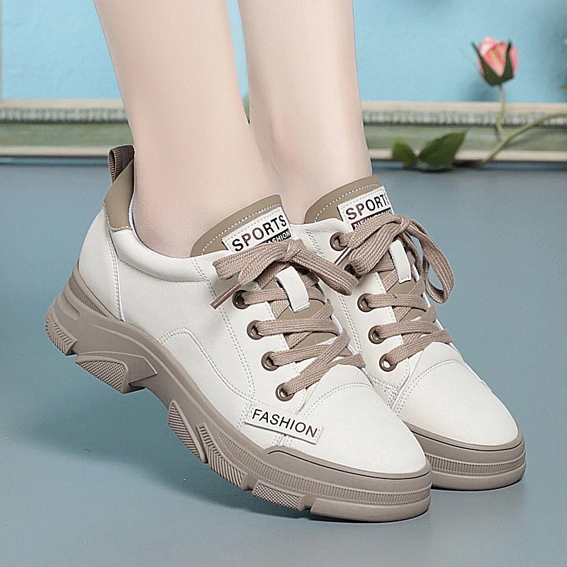 Spring Women Non-slip Soft Leather Sneaker Trekking Footwear New Thick-soled Lace-up Leisure Skateboard Sports Shoes