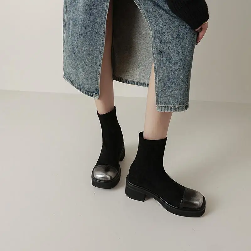 Krazing Pot Cow Leather Round Toe Thick High Heels Winter Warm Elastic Boots Mixed Color Fashion Gradient Color Ins Ankle Boots image 3
